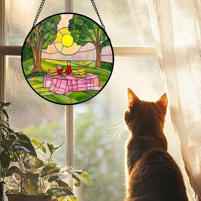 Stained Glass Window Hanging 4 Pcs Set Pink Green Spring Saplings Flowers Large 15" - Suncatcher Door Garden Sun Catcher Home Decor Mother's Day for Woman Nana Mom Men