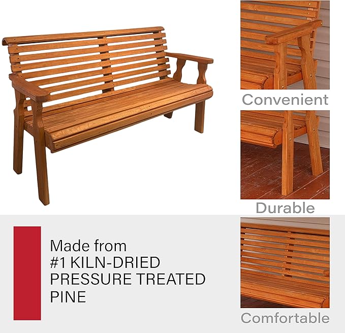 Amish Casual Heavy Duty 5 Foot Roll Back Outdoor Bench in Cedar Stain - Amish Made in The USA from Treated Pine for Outdoor Durability, 700 Lb Weight Capacity