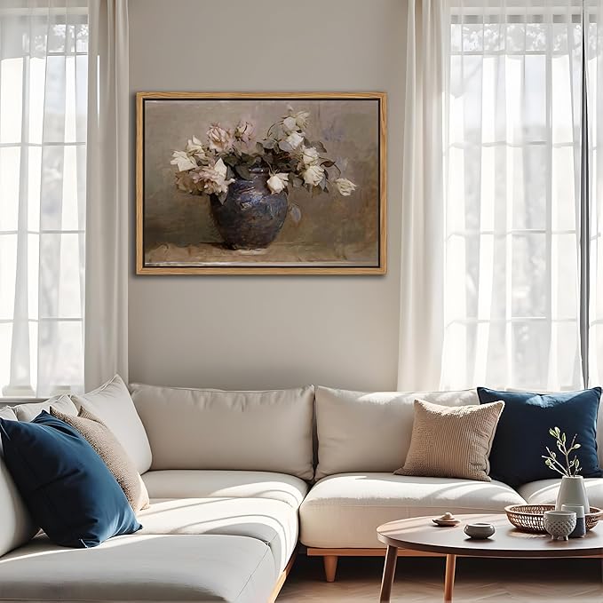 SAMHOU Floating Framed Floral Canvas Wall Art, Vintage Flowers Pictures Wall Decor, Rustic Farmhouse Pink Roses Poster Prints for Living Room Bathroom Dining Room Decor 16x24 inch