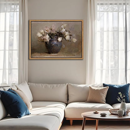 SAMHOU Floating Framed Floral Canvas Wall Art, Vintage Flowers Pictures Wall Decor, Rustic Farmhouse Pink Roses Poster Prints for Living Room Bathroom Dining Room Decor 16x24 inch