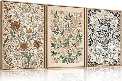 Large Abstract Vintage Flower Framed Canvas Wall Art,Antique Botanical Wall Decor,Neutral Bouquet Wall Painting,Aesthetic Floral Artwork for Living Room,Bedroom,Dining Room,Office -24"x36"x3