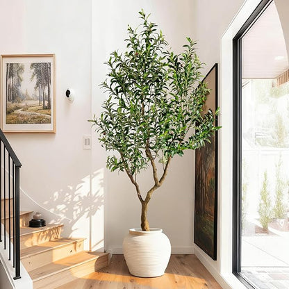 7FT Faux Olive Tree with Tall Exquisite Planter Artificial Olive Tree Tall, Potted Fake Olive Plant with 1710 Real Touch Leaves, Indoor Outdoor Home Garden Office Decor