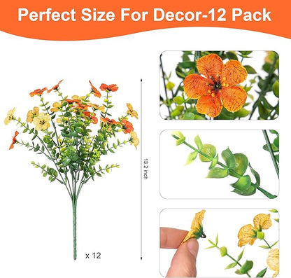 Artificial Fake Plants Flowers for Outdoor Spring Summer Decor,12 Bundles Faux Silk Daisy for Planter Pot Colorful UV Resistant Look Real for Front Door Porch Patio Outside Yard(Yellow Orange)