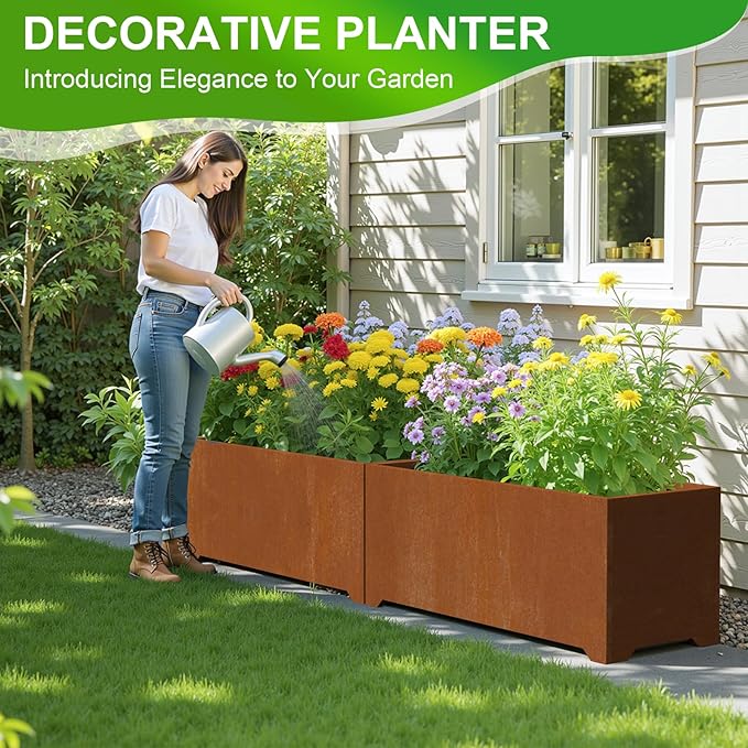 Large Planters for Outdoor Plants 32"L x 15"W x 15"H, Co-rten Steel Planter Box with 6 Drainage Holes, Raised Bottom, All-Weather Garden Planter Box for Patio, Lawn, Commercial & Residential