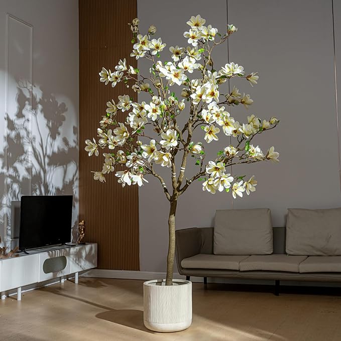 Artificial Trees Cherry Blossom Tall Fake Magnolia Flower Tree Floor plantas Indoor Outdoor Realistic for Home Living Room Office Porch Outside Patio arboles para decoracion Housewarming Gift