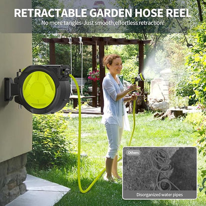 Retractable Garden Hose Reel 65ft Heavy Duty Wall Mounted Hose Holder with Automatic Rewind 180 Degree Swivel Bracket 10 Pattern Nozzle Durable PVC Hose for Yard Lawn Car Watering Cleaning