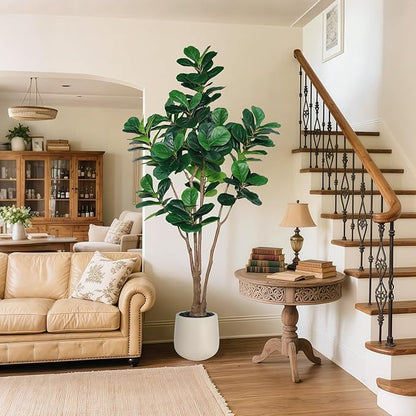 Artificial Fiddle Leaf Fig Tree with Thick Trunk and Emerald Leaves, 7 ft Faux Ficus Lyrata with White Planter & Black Pebble, Fake Ficus Tree for Living Dining Room Bedroom Indoor Decoration