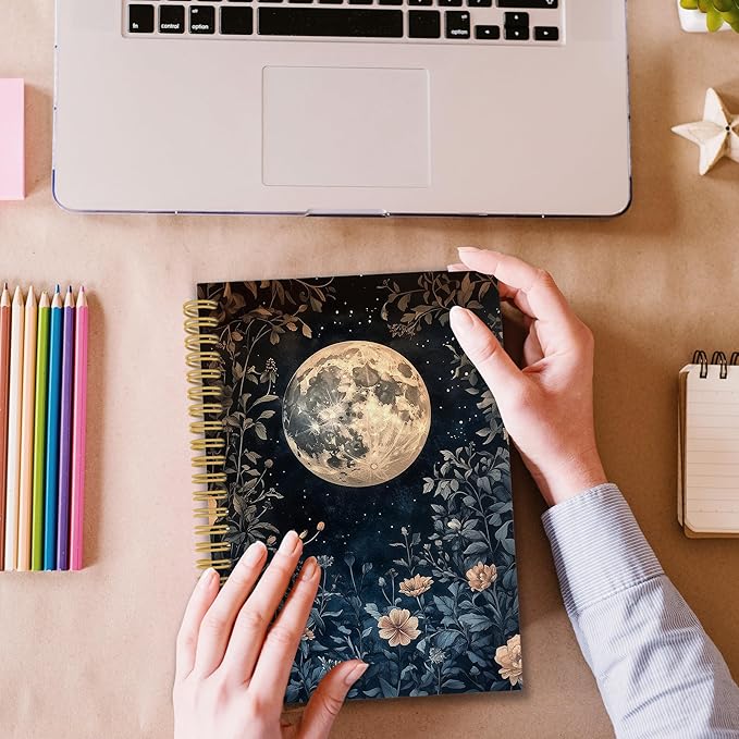 XPH Vintage Floral Moon Spiral Notebook, Dark Cottagecore Botanical Flower Journaling Notebooks for Women, Floral Aesthetic Hardcover Journals for Writing 160 Pages 5.5 x 8.3 Inch, Moon Gifts
