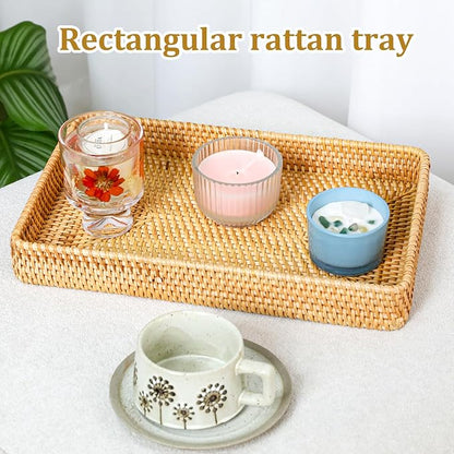 Wicker Storage Basket Rattan Tray Rectangular Wicker Basket Decorative Serving Tray Fruit Baskets Food Serving Holders Woven Baskets for Storage Home Kitchen Restaurant Decor (14.6 x 9 x 2 inches)