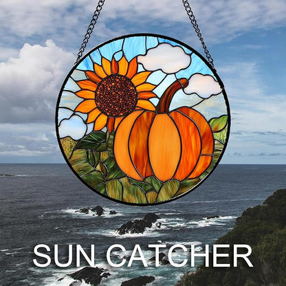 Stained Glass Window Hanging Fall Farm Scenery Sunflower Pumpkin Large 15" - Suncatcher Door Garden Kitchen Sunroom Sun Catcher Home Decor Birthday for Mom Grandma Men Woman
