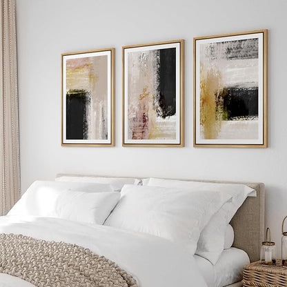 Ashbrook Framed Wall Art Print Set Brown, Black, Yellow Color Block Landscape Abstract Shapes Illustrations Modern Art Boho Scenic Colorful for Living Room, Bedroom, Office - 16"x24"x3 Natural
