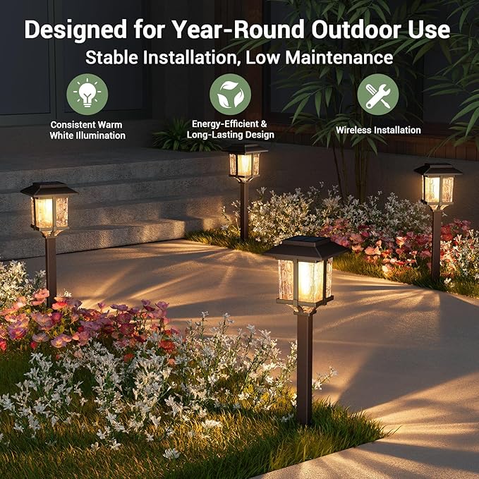 XMCOSY+ Solar Outdoor Lights Waterproof IP65, Solar-Powered Garden/Yard/Pathway Lights with Warm White 2-Tone Bronze-Wood Stainless Steel Design for Landscape Driveway Walkway Decorative