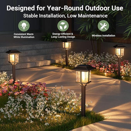 XMCOSY+ Solar Outdoor Lights Waterproof IP65, Solar-Powered Garden/Yard/Pathway Lights with Warm White 2-Tone Bronze-Wood Stainless Steel Design for Landscape Driveway Walkway Decorative