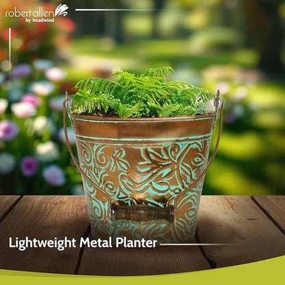 Headwind Robert Allen Vintage Floral Metal Planter with Handle, 12-Inch, Vintage Copper – Lightweight Indoor/Outdoor Flower Pot with Drainage Hole