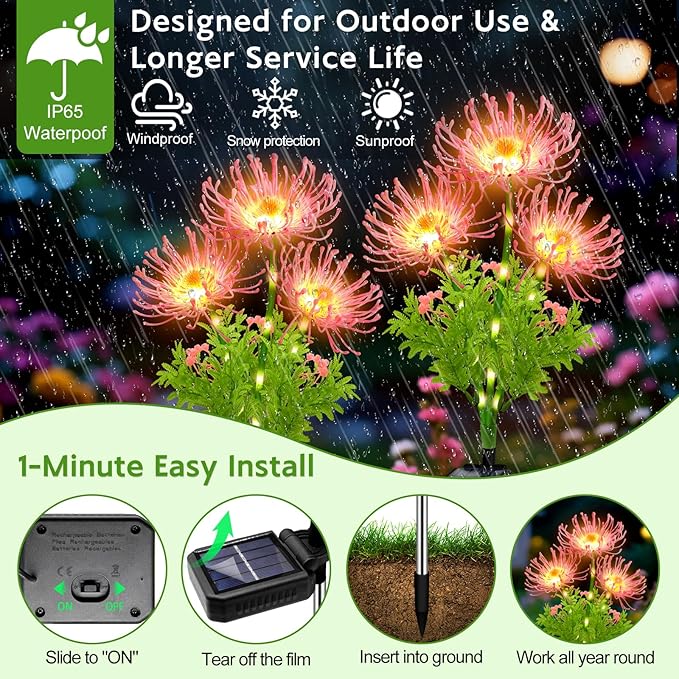 Solar Garden Flower Lights Outdoor,4 Pack 12-Head Pink Spider Lily Waterproof with Glowing Stems,Elegant Yard & Patio Decor,Ideal Valentine's,Thanksgiving & Gardening Gifts for Women,mothers & Grandma