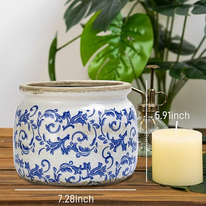 Large Ceramic Pot for Planters, Ice Crack Glazed Flower Pot with Drainage Holes,5.91inch Vintage Planters for Indoor and Outdoor (Blue)