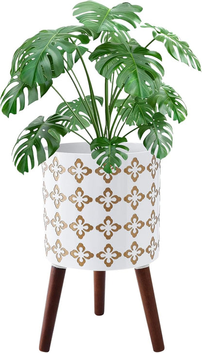 12 Inch Planter Pot with Stand, Planter for Indoor Plants, Modern Large Flower Planter Pot with Drainage Holes for Outdoor, White Gold Floral