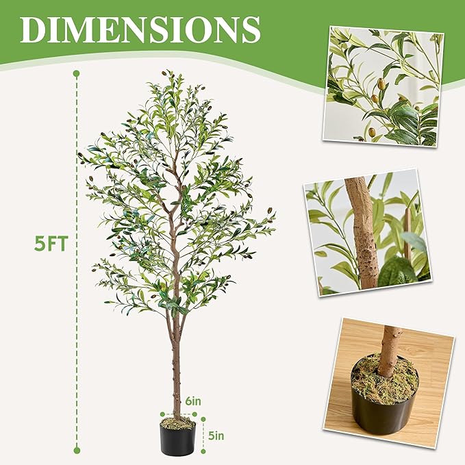 VECELO Artificial Olive Tree, 5FT Faux Olive Trees, Fake Silk Plant for Indoor Outdoor Home Office Decor, 2 Pack