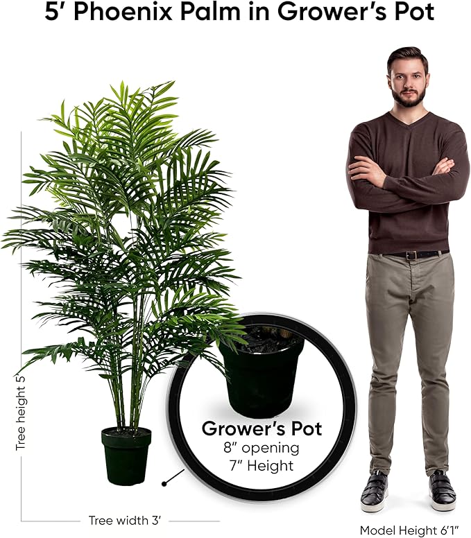 Cypress & Alabaster 5ft Artificial Phoenix Palm Plant, Handmade Designer Tree, Hypoallergenic, 5-Foot, Green