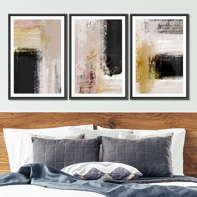 Ashbrook Framed Wall Art Print Set Brown, Black, Yellow Color Block Landscape Abstract Shapes Illustrations Modern Art Boho Scenic Colorful for Living Room, Bedroom, Office - 16"x24"x3 Black