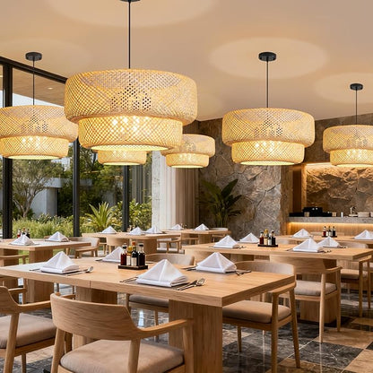 23.6IN Bamboo Pendant Light Fixtures, Hand-Woven Ceiling Hanging Chandelier, 4-Light Bohemian Large Basket Pendant Lights for Kitchen Island Dining Living Room Bedroom Restaurant