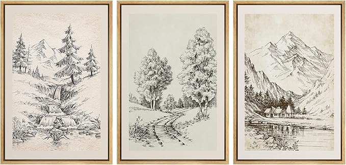 Ashbrook Framed Canvas Print Wall Art Set Vintage Country Forest Landscapes Nature Wilderness Illustrations Fine Art Floral Botanical Minimal Calm/Relax/Cozy for Bedroom - 24"x36"x3 NATURAL