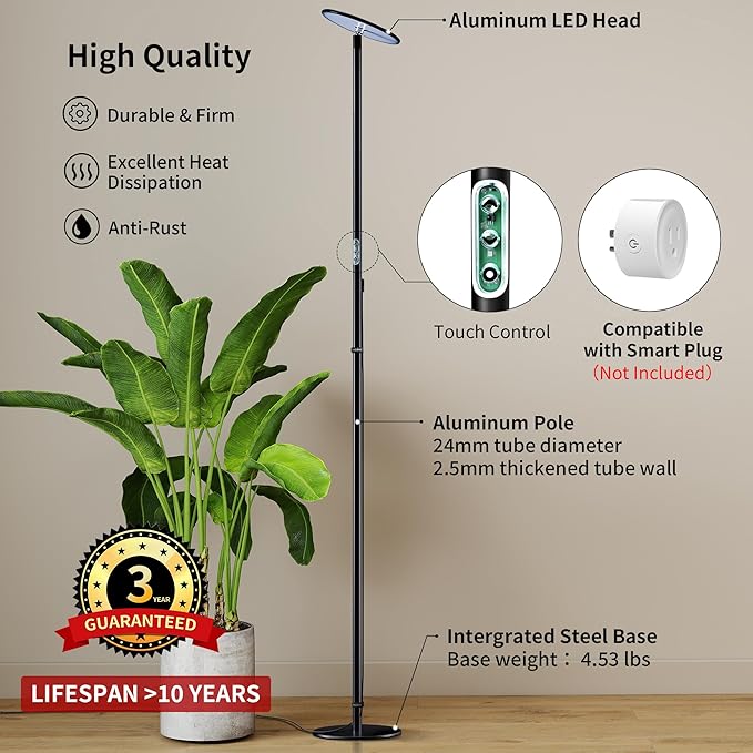 chiphy Grow Lights, 85" Full Spectrum Plant Light for Indoor Plants, 40W Grow Lamp, 10 Dimmable Brightness, Height Adjustable, Ideal for Large Tall Plants