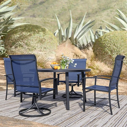 5 Piece Outdoor Dining Set, 42" Black Round Outdoor Dining Table with 2 Blue Swivel Outdoor Dining Chairs and 2 Fixed Patio Table and Chair Set of 4 for Lawn, Garden, or Porch