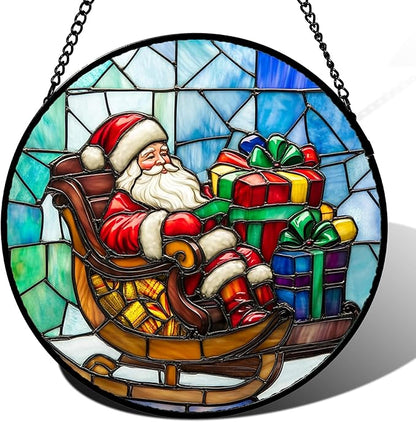 Stained Glass Window Hanging - Santa Claus Gift BoxSuncatcher for Doors Home Christmas Decoration Winter Sun Catcher Thanksgiving New Year Birthday Gift for Women Men Mom Nana 6.3 in