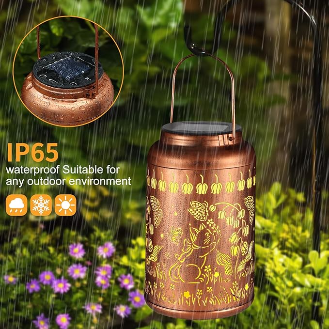 Solar Lanterns Outdoor Waterproof Hummingbird Garden Decor Gifts for Women Mom Grandma Hanging Lights Metal Decoration Outside for Yard, Patio,Backyard,Porch(Cat and Butterfly)
