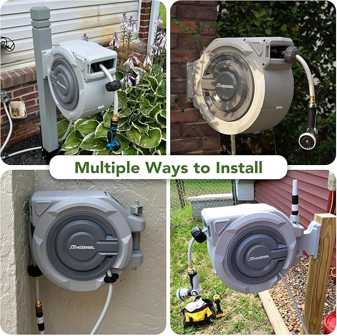 110 FT Retractable Garden Hose Reel by HOZEREEL, Outdoor Garden Hose Reels 1/2" - Automatic Self Retract Wall Mount Hose Reel Enclosed Storage, Any Length Lock, 10 Pattern Nozzle-Grey