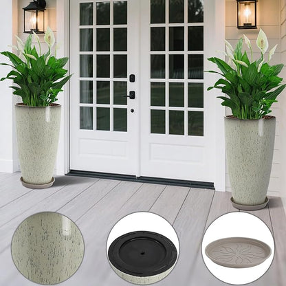 Set of 2 Lightweight Ceramic-Look Tall Planter, 21 inch Large Plastic Planter with Drain Hole & Saucers, Large Outdoor Planters for Porch, Garden, Patio, Balcony(Glaze Beige)