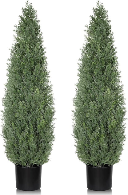 Artificial Cedar Topiary 4 FT Faux Cedar Trees for Outdoor Planters Evergreen Plant, 48 inch UV Rated and Lush Fake Cypress Tree Shrubs for Gateway Front Door Porch Patio Garden, Set of 2