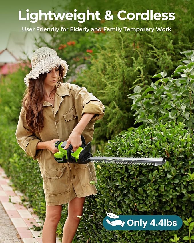 20'' Hedge Trimmer Cordless with 2pcs 4000mAh Battery, Electric Handheld Bush Clipper with Rechargeable Batteries, 3000RPM 180° Rotatable Head, 2/3'' Blade Gap Green