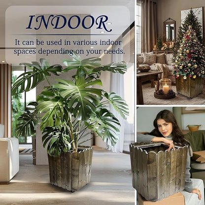 Outdoor Tall Large Square Wood Planter Box Caddy with 360° Lockable Wheels, Indoor Garden Flower Plant Pot Rolling Stand (Grey)