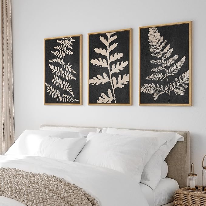 Ashbrook Framed Canvas Print Wall Art Set Black Forest Fern Plant Silhouette Nature Wilderness Illustrations Modern Art Rustic Chic Colorful for Living Room, Bedroom, Office - 16"x24"x3 Natural