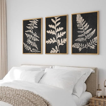 Ashbrook Framed Canvas Print Wall Art Set Black Forest Fern Plant Silhouette Nature Wilderness Illustrations Modern Art Rustic Chic Colorful for Living Room, Bedroom, Office - 16"x24"x3 Natural