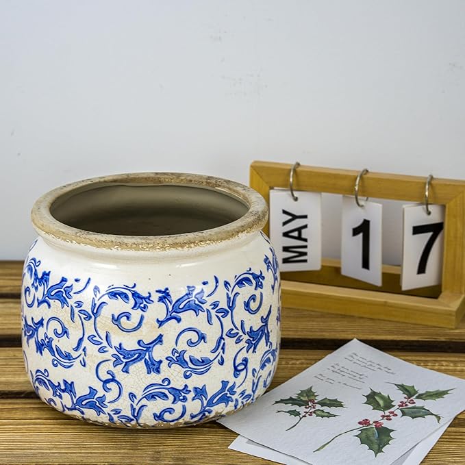 Large Ceramic Pot for Planters, Ice Crack Glazed Flower Pot with Drainage Holes,5.91inch Vintage Planters for Indoor and Outdoor (Blue)