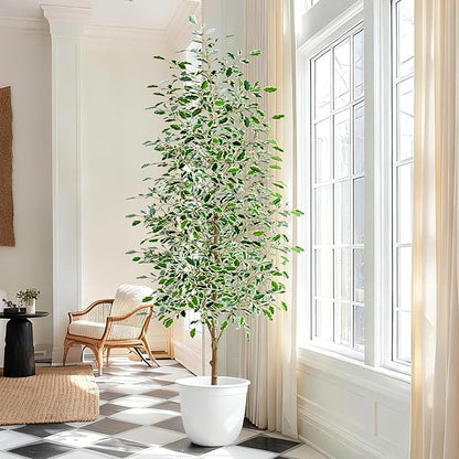 7FT Artificial Ficus Trees Indoor Faux Trees Indoor Fake Floor Plants Tall Artificial Tree with White Pot Faux Tree Fake Indoor Tree Silk Plants Artificial Trees for Home Decor Indoor
