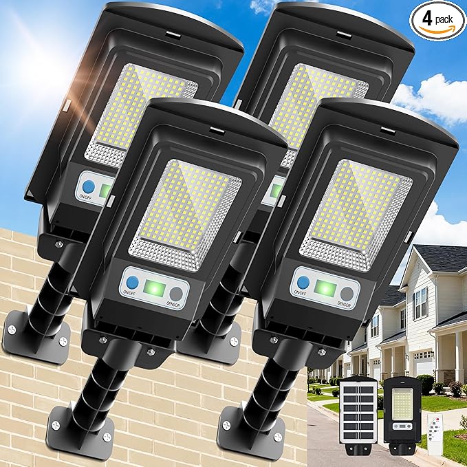 Solar Lights Outdoor, IP66 Waterproof Motion Sensor Powered Solar Street Light, 6500K Dusk to Dawn LED Flood Light with Remote Control, Commercial Area Lighting for Yard Parking Lot (4 Pack)