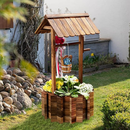 Aoxun Wooden Wishing Well Planters with Hanging Bucket, Garden Helper, Rustic Garden Decor for Outside, Yard, and Patio, Upgrade Reinforced Base, Brown