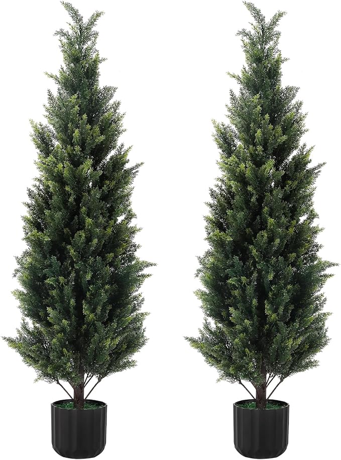 4FT Tall Artificial Cedar Topiary Trees Set of 2, Artificial UV Resistant Potted Plants, Faux Bushes Fake Shrubs for Outdoor Indoor Home Entryway Front Porch Garden Patio Offices Living Room Decor