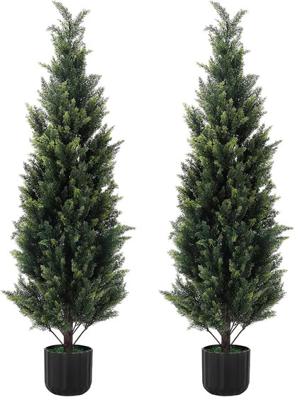 4FT Tall Artificial Cedar Topiary Trees Set of 2, Artificial UV Resistant Potted Plants, Faux Bushes Fake Shrubs for Outdoor Indoor Home Entryway Front Porch Garden Patio Offices Living Room Decor