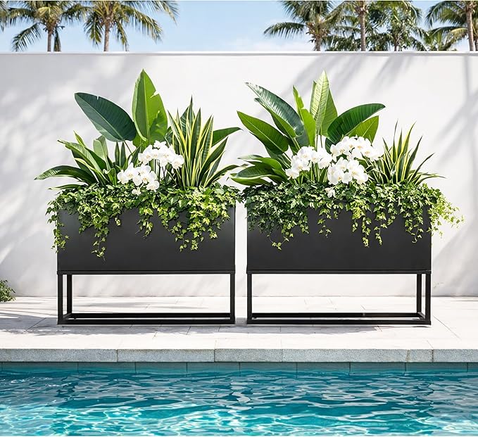 Modern Raised Metal Planter Box with Stand,38"L x 15"W x 30.5"H Outdoor Rectangular Planter,Durable All-Weather Use Elevated Planter for Commercial Patio, Balcony & Porch | Rounded Corner Design
