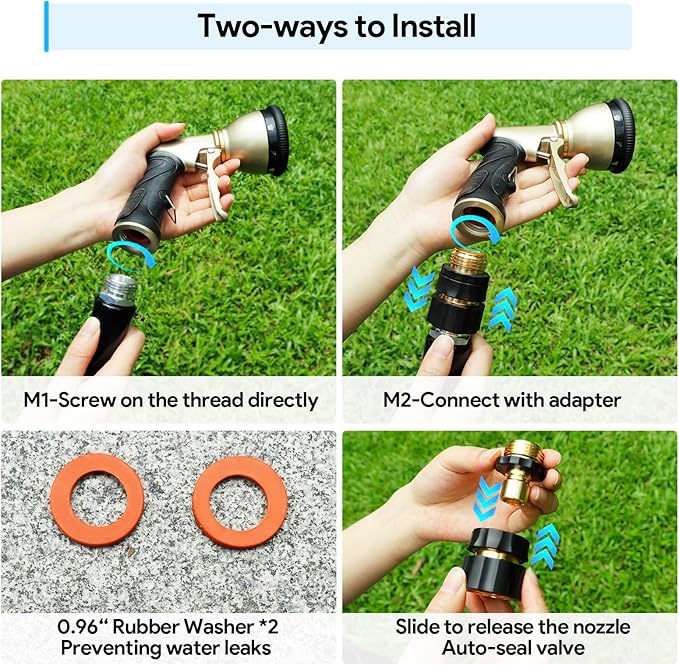 Heavy Duty Hose Nozzle, 9-IN-1 Spray Patterns, Spray Nozzles for Garden Hose with Metal Trigger & Lock Bar, 3/4" Thread & Connection Adapter, Suit for Watering Plants, Lawn, Car, Outdoor Pet