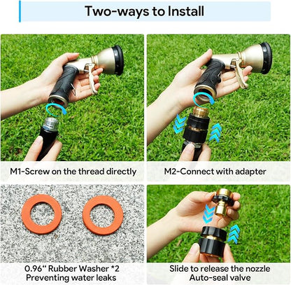 Heavy Duty Hose Nozzle, 9-IN-1 Spray Patterns, Spray Nozzles for Garden Hose with Metal Trigger & Lock Bar, 3/4" Thread & Connection Adapter, Suit for Watering Plants, Lawn, Car, Outdoor Pet