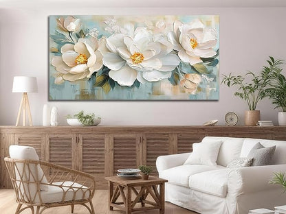 Enartly White Flowers Canvas Wall Art, Natural Plant Painting Textured Artwork for Living Room Bedroom Hallway Kitchen Dining Room Home Office Wall Decor, 58"x29"