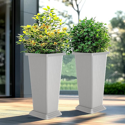 24" Tall Planters for Outdoor Plants, Set of 2 Large Outdoor Planters for Front Porch Decor with Drainage Hole, Front Porch Decor (Stripes-White)