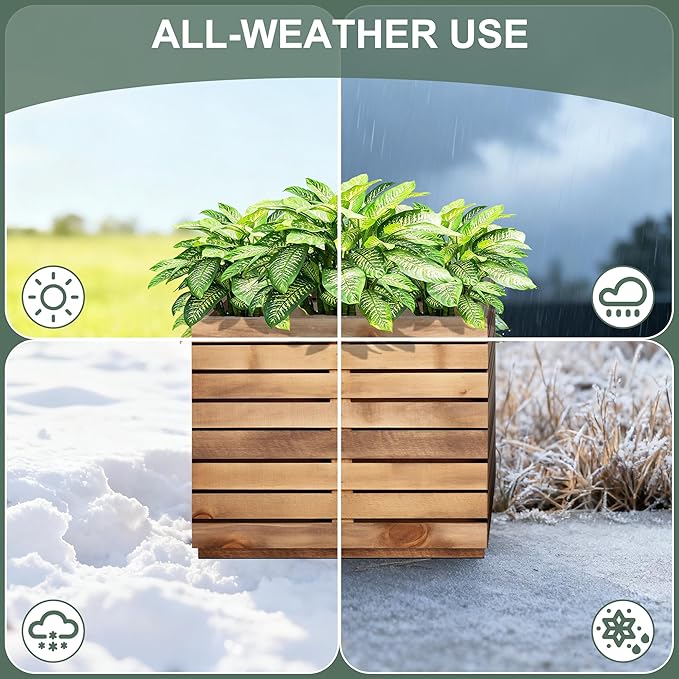 Metal Planter Box for Outdoor Plants, Black Rectangular Planters for Porch with Drainage Holes, All-Weather Use, Rust-Resistance (17" L x 17" W x 18" H, Walnut Wood Grain)