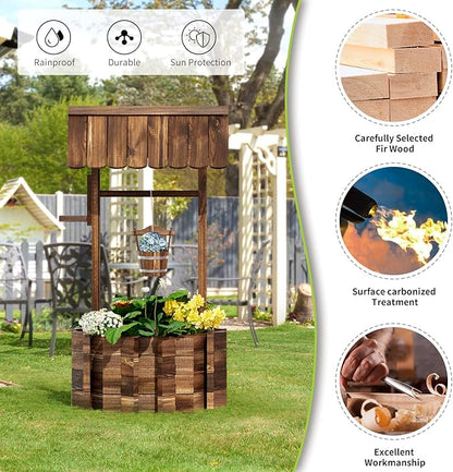 Aoxun Wooden Wishing Well Planters with Hanging Bucket, Garden Helper, Rustic Garden Decor for Outside, Yard, and Patio, Upgrade Reinforced Base, Brown